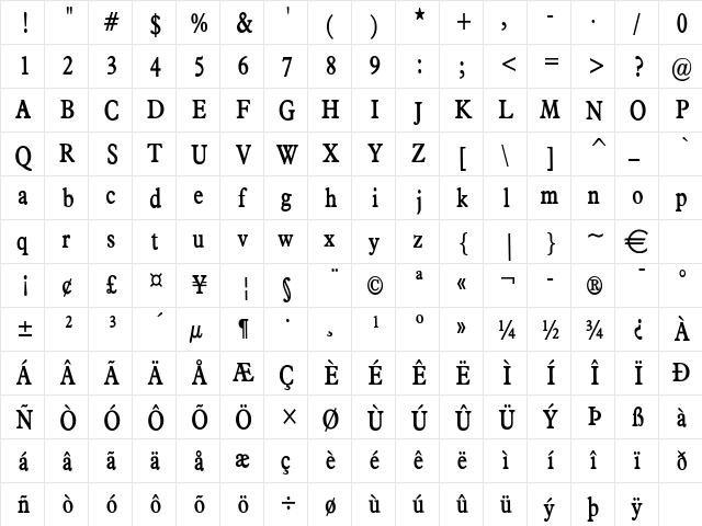 NadineCondensed Bold  glyph index