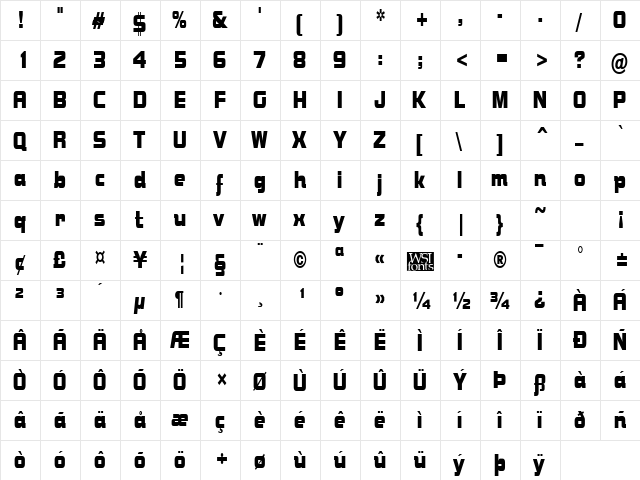 BolsterCondensed Regular  glyph index