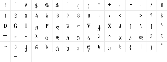 Tinano Regular  glyph index