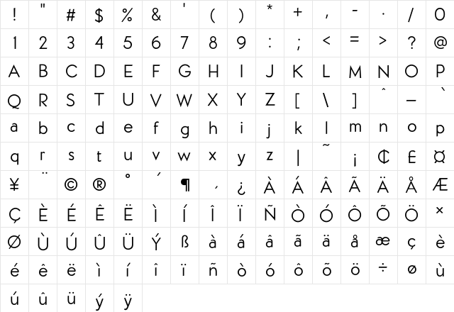 Nicholson Gothic Regular  glyph index