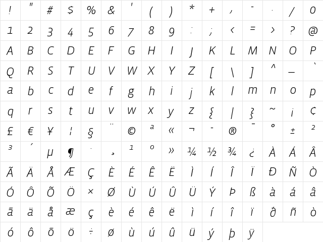 VistaSansLightItalic Regular  glyph index