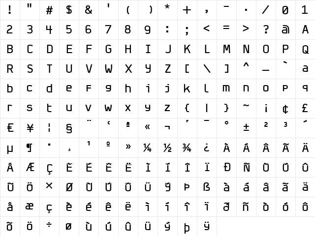 Jigger-AngledFront Regular  glyph index