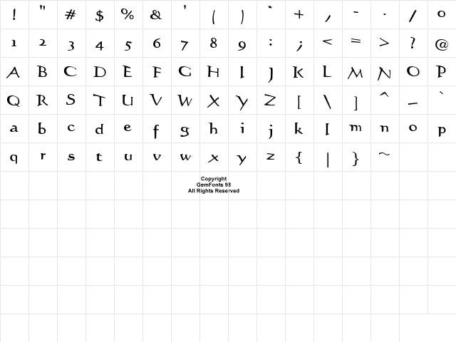 Stiltedman Regular  glyph index
