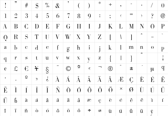 BodoniSerial-Light Regular  glyph index