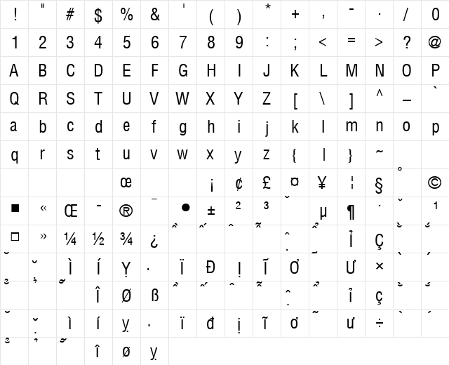 VNI Helve Condense Regular  glyph index