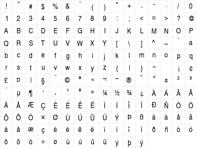Alps-Condensed Normal  glyph index