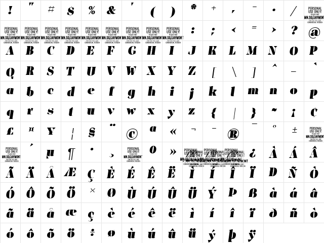 Jaymont PERSONAL Black Italic  glyph index