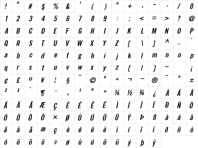 CommerceBlackCondSSK Italic  glyph index