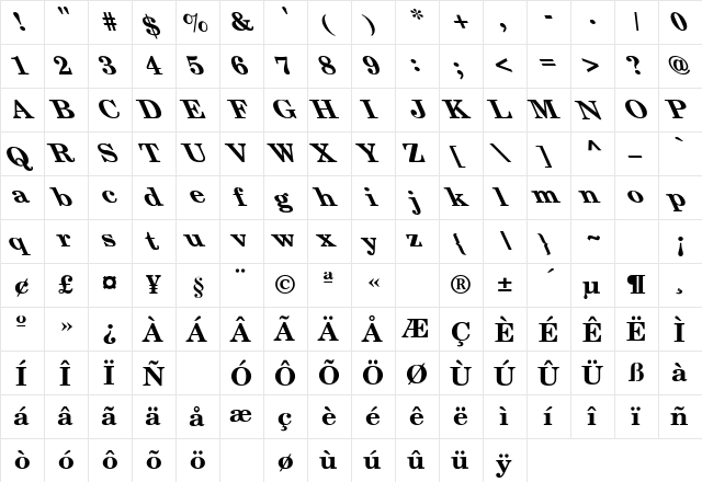 New Century Schlbk-Bold Leftie Regular  glyph index