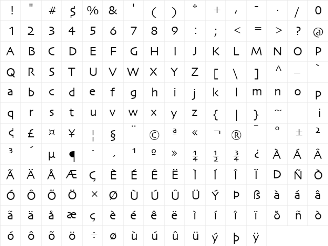 Skia Regular  glyph index