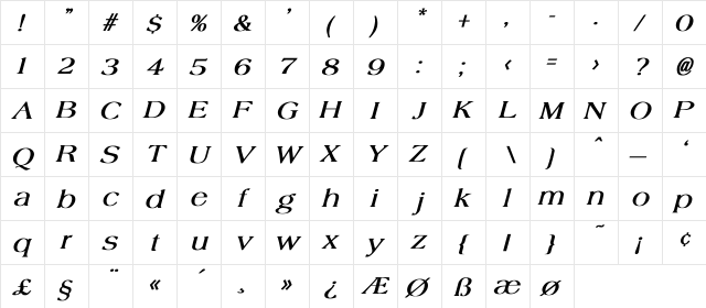 Colahan Bold Italic Regular  glyph index