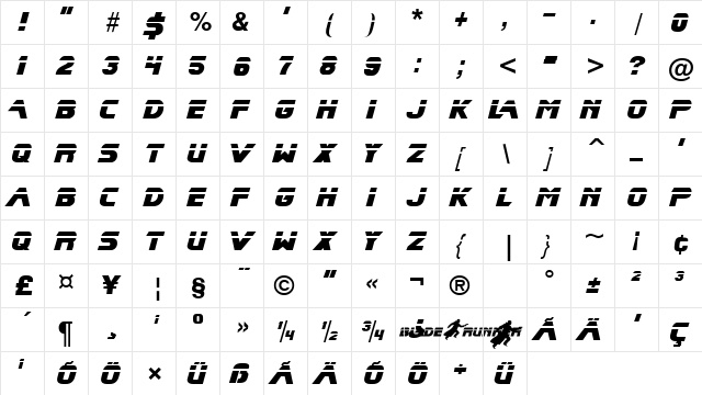 Blade Runner Regular  glyph index