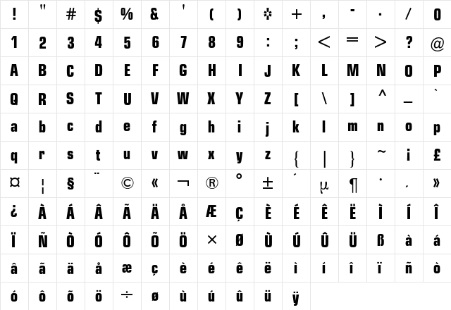 Eurostile BQ Regular  glyph index