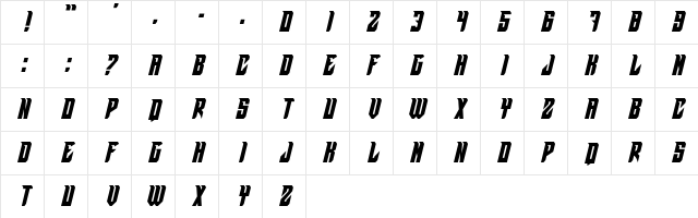 Coubra Regular  glyph index