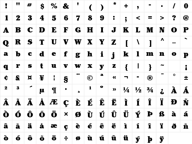 ITC Cheltenham Std Ultra  glyph index