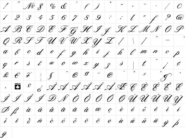 Sterling Script Regular  glyph index