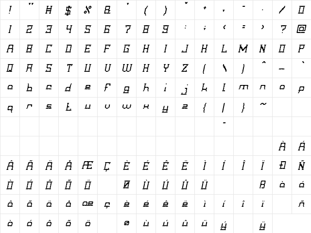 Crystal Soldier Italic  glyph index