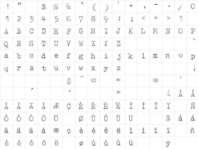 OldTypewriterExtLig Regular  glyph index