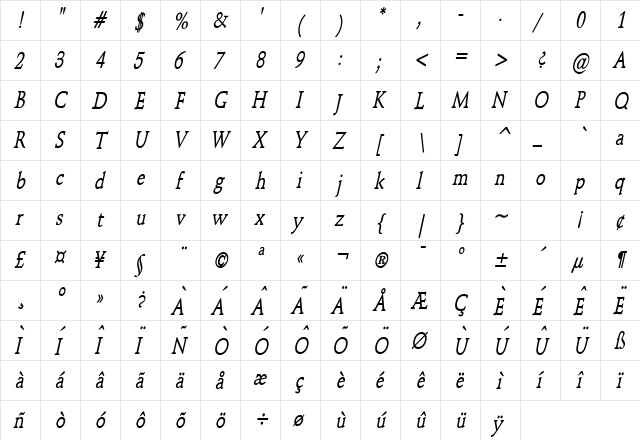 Schroeder Condensed Bold Italic  glyph index