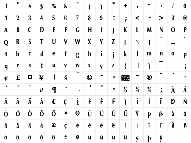OptaneCompactExtrabold Regular  glyph index