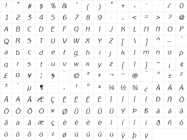 ITCBenguiatGothic-Book BookItalic  glyph index