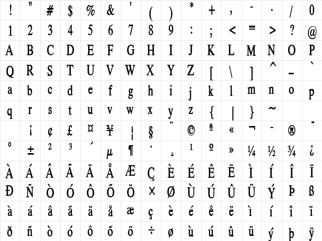 Duke-Condensed Bold  glyph index