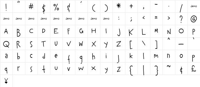Hey Kiddo demo Regular  glyph index