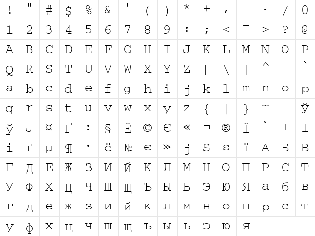TypeWriter Normal  glyph index