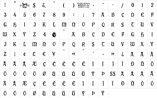 Cabaletta Regular  glyph index