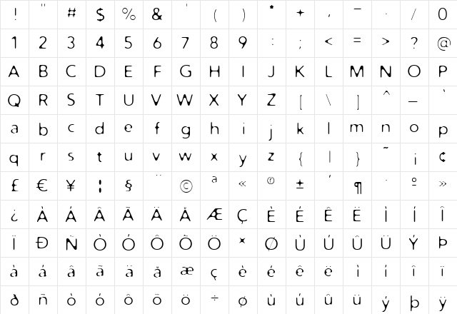 Distro Light Regular  glyph index