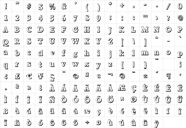 AliBeckerShadow-ExtraBold Regular  glyph index
