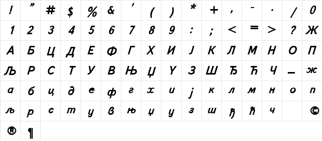 Book-Cirilica Bold Italic  glyph index