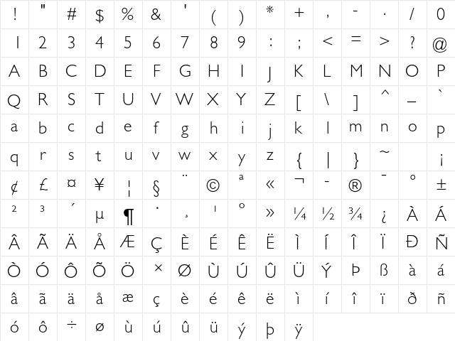 Gill Sans MT Pro Light  glyph index