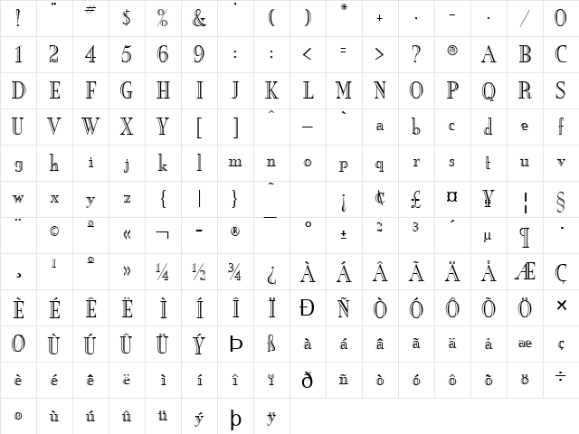 New England-Engraved Normal  glyph index