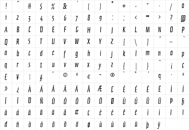 Newberlin Regular  glyph index