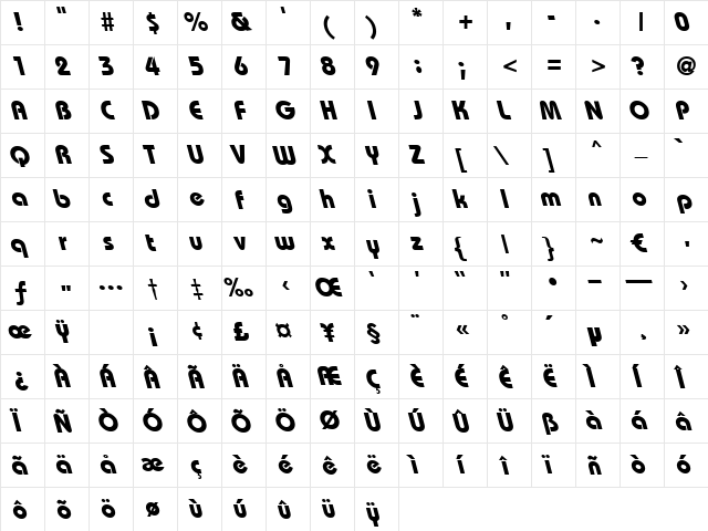 JasminBold Regular  glyph index