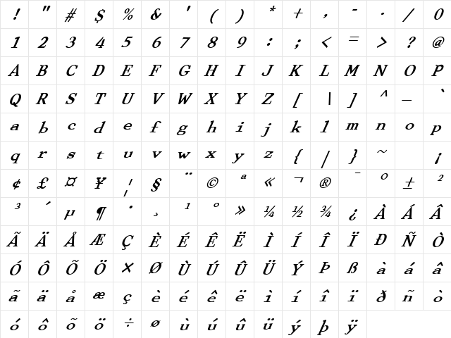 FZ ROMAN 29 ITALIC Normal  glyph index