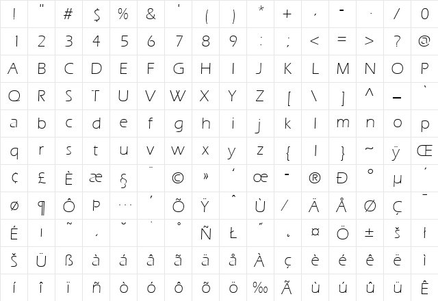 ItcEras-Light Regular  glyph index