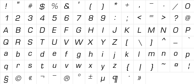EuropeC Italic  glyph index