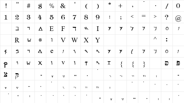 Hebrew Ancient Regular  glyph index