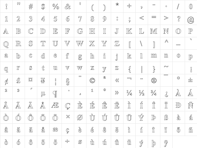 Times Roman Hollow bold Bold  glyph index