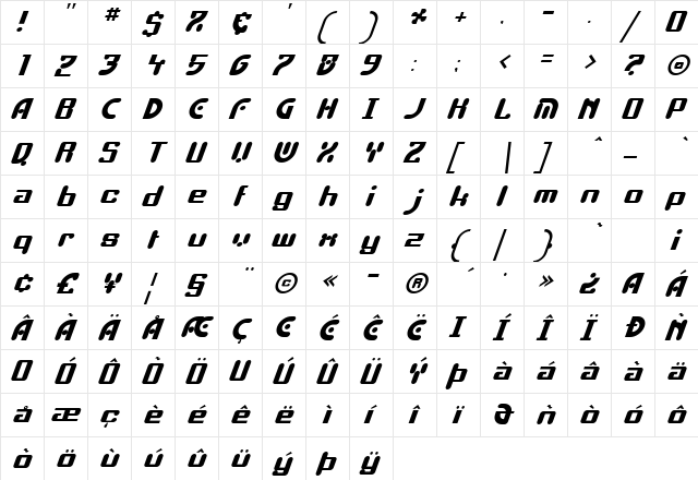 Esboki Italic  glyph index
