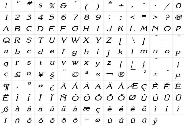 Keira Wide Italic  glyph index