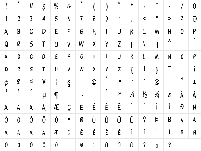 Elizabeth-Condensed Bold  glyph index