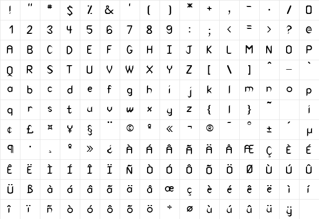VirtuaSSK Regular  glyph index