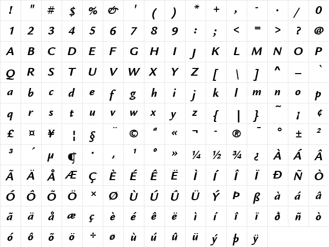 ITCLegacySans LT Book Bold Italic  glyph index