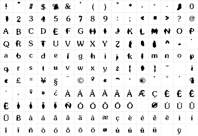 Grunge SF Regular  glyph index