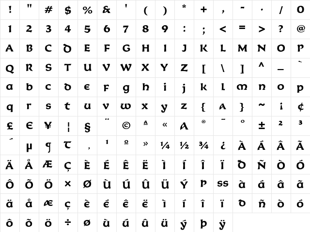 Korigan ITC Bold  glyph index