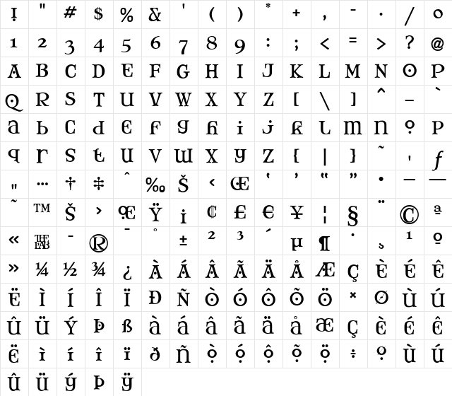 Mary Jane - Tankard Regular  glyph index