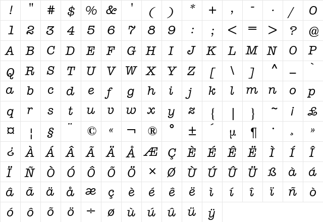 American Typewriter BQ Regular  glyph index